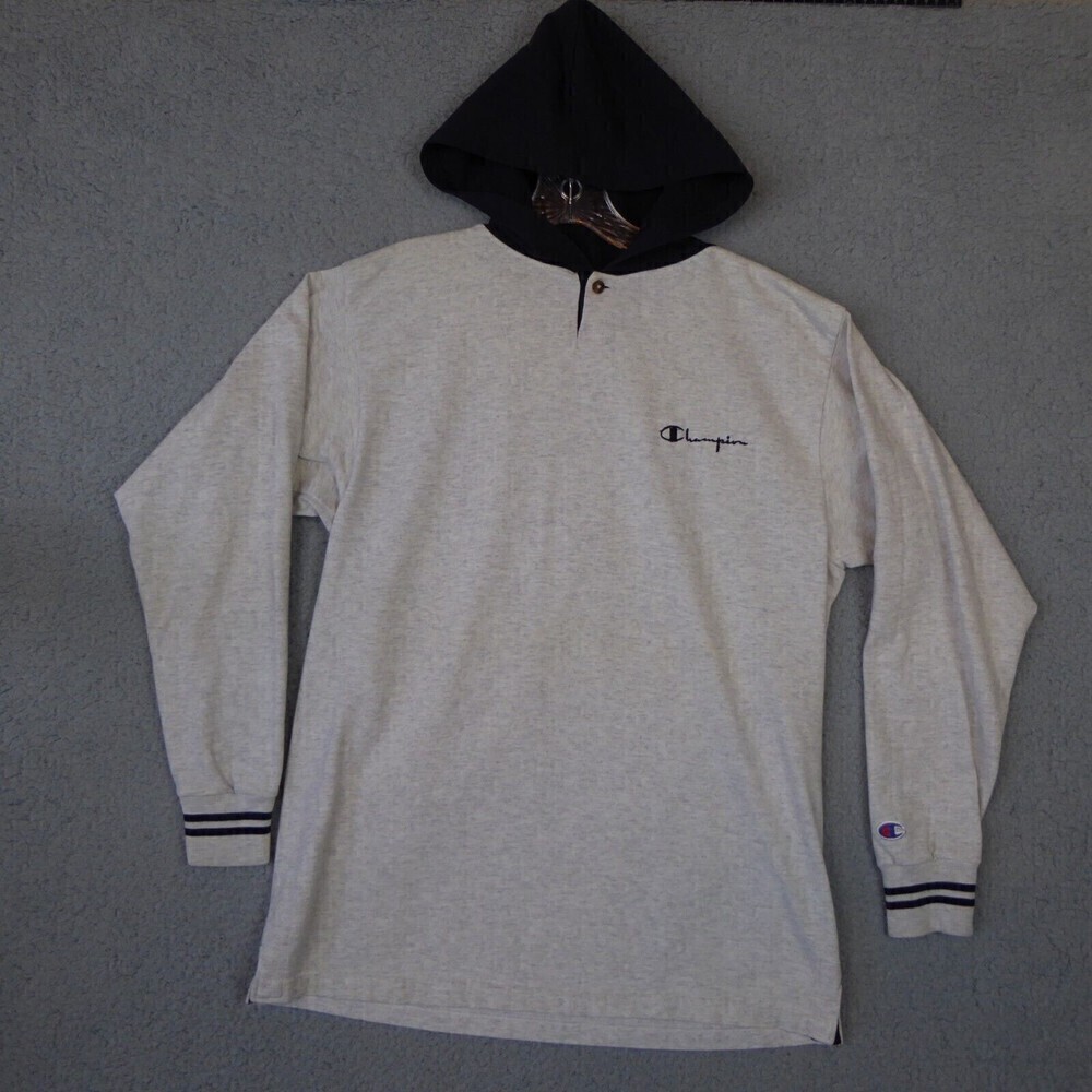 Vintage Champion Shirt Mens Medium Gray Blue Hoodie Henley Long Sleeve USA Made